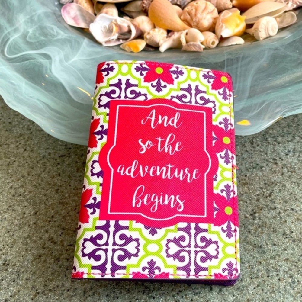 Passport holder cover “And So The Adventure Begins” gold purple green and pink